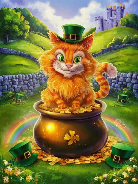 Irish Cat on Pot of Gold - Paint by Numbers Kit