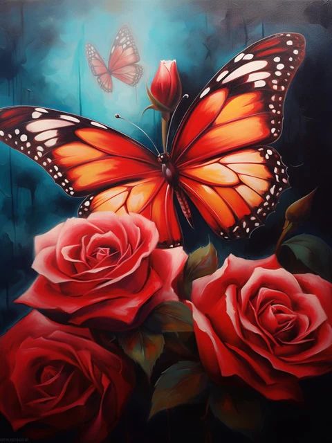 Red Rose Loved by Butterflies - Paint by Numbers Kit