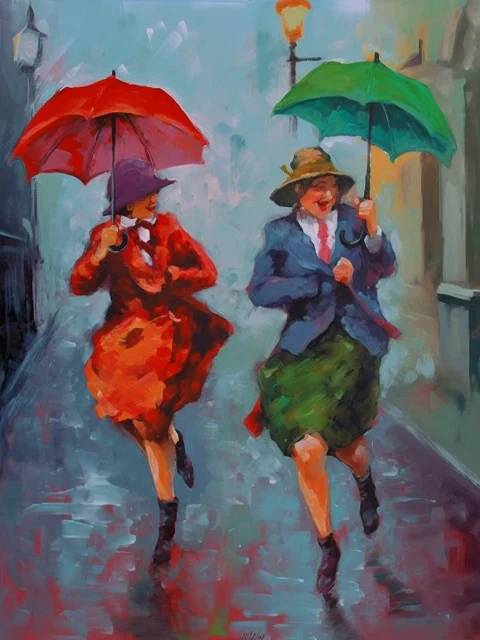 Old Ladies Dancing in the Rain - Paint by Numbers Kit