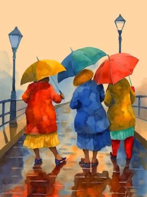 Three Old Women with Umbrellas - Paint by Numbers Kit