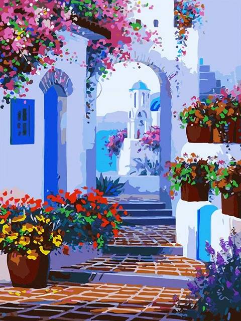 Santorini Street Full of Flowers - Paint by Numbers Kit