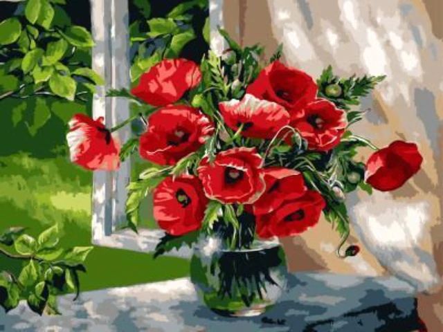 Poppy Flowers on Windowsill - Paint by Numbers Kit