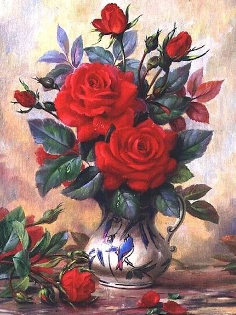 Red Roses in Chinese Vase - Paint by Numbers Kit