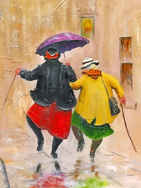 Two Old Ladies Walking in the Rain - Paint by Numbers Kit
